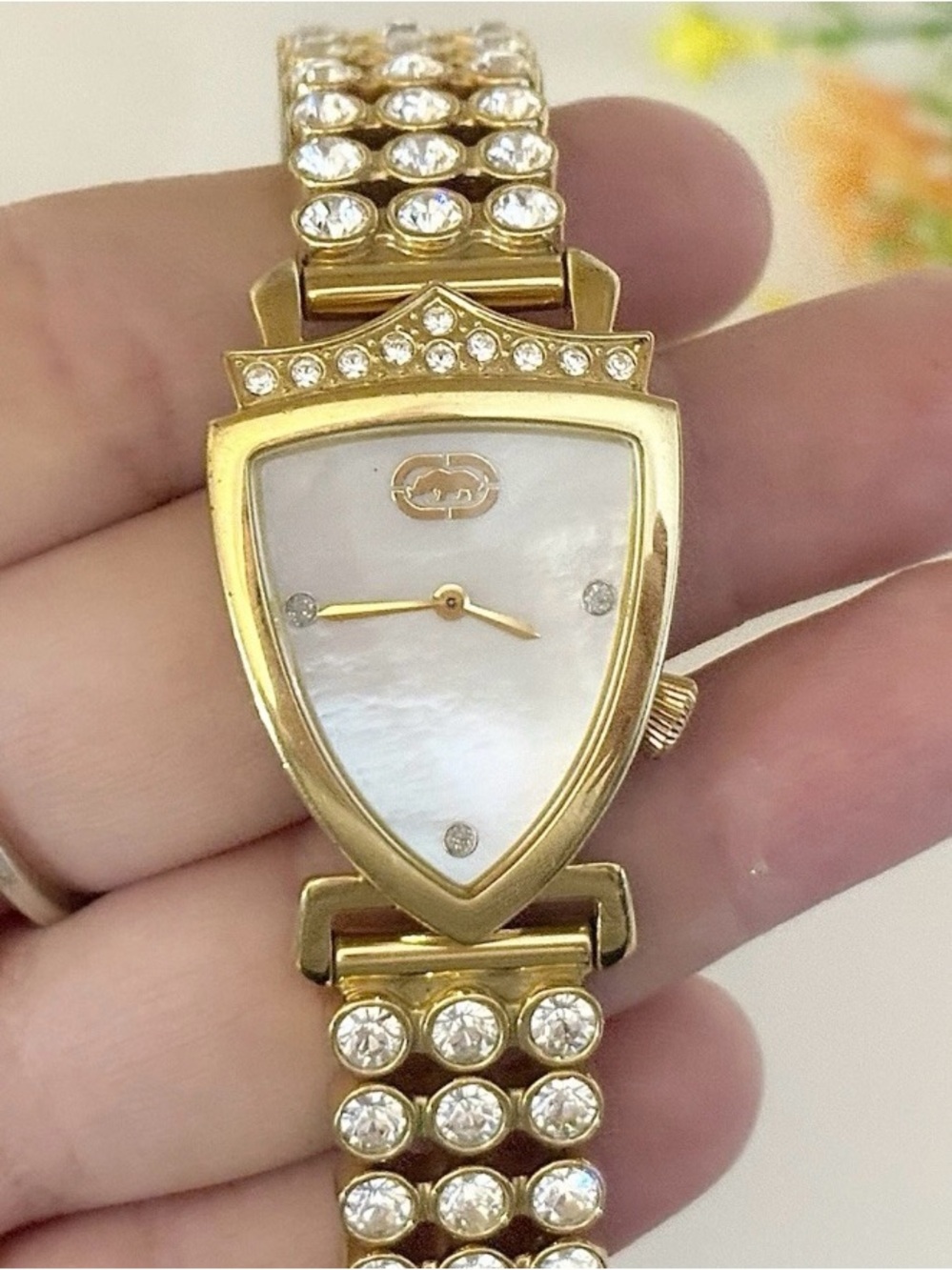 Marc Ecko Luxury Designer Crystal Rhinestone Watch-Pearl Shield/Crown -WORKING!!